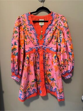 FARM Rio Pink, Orange & Blue Floral V-Neck Dress